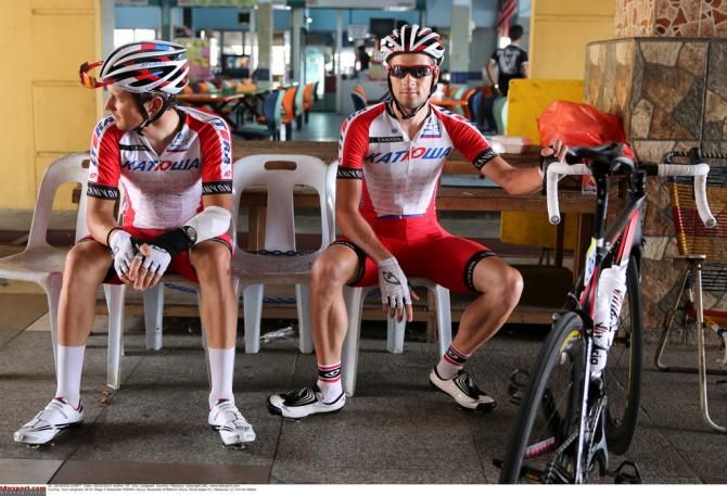 Katusha duo Alexander Porsev and Alexander Rybakov enjoy a moment of rest before Stage 5