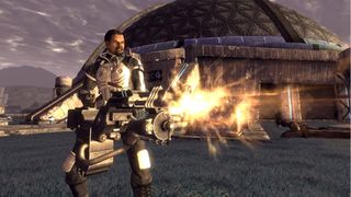 A character firing a machine gun