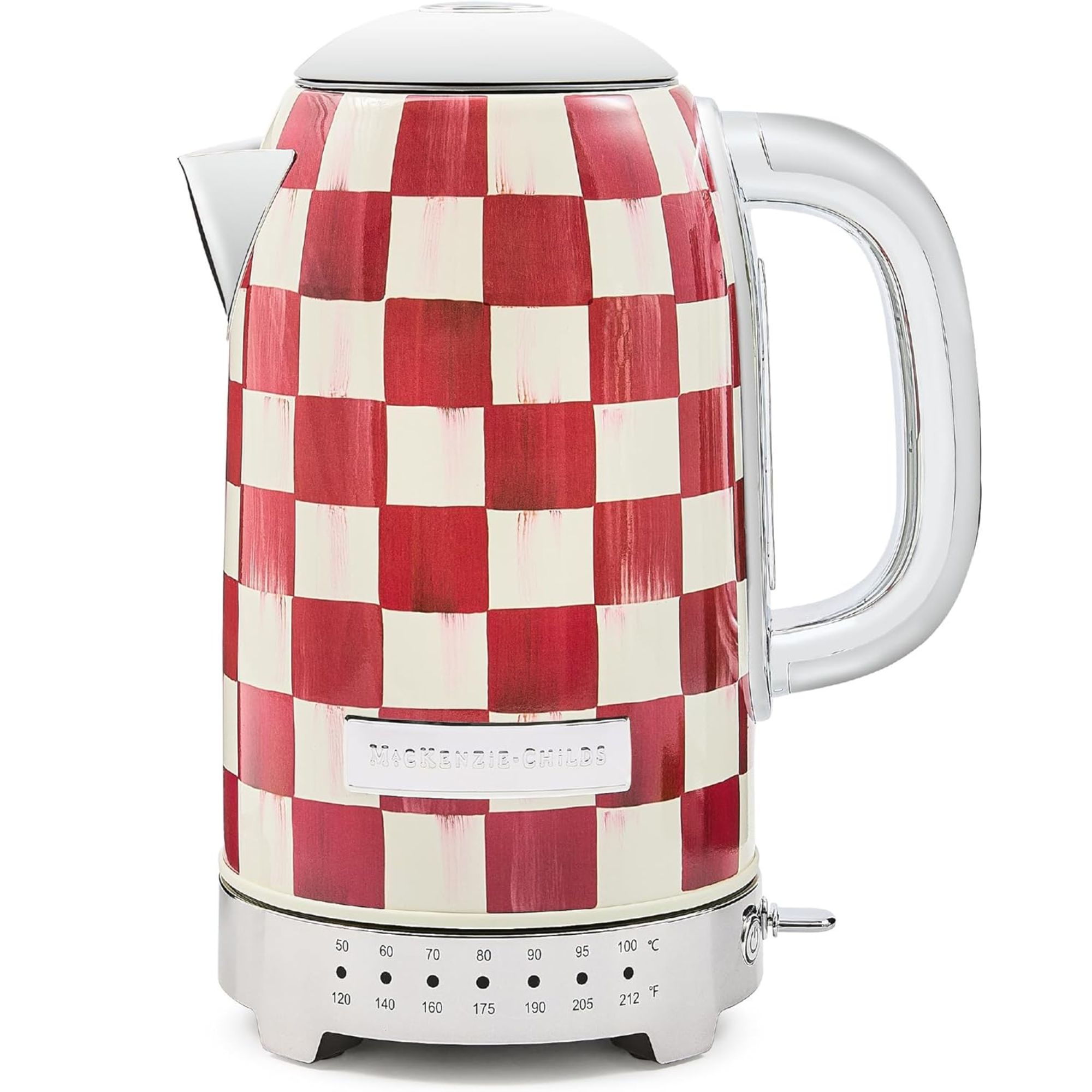Red and white check electric kettle with silver accents