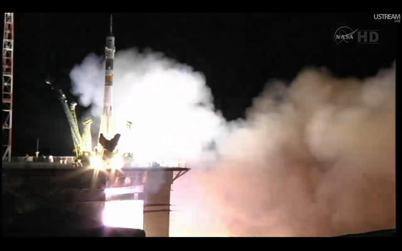 The Soyuz carrying NASA astronaut Mike Fossum, Russian cosmonaut Sergei Volkov and Japanese astronaut Satoshi Furukawa lifts off at 4:12 p.m. EDT (2012 GMT) on June 7, 2011.