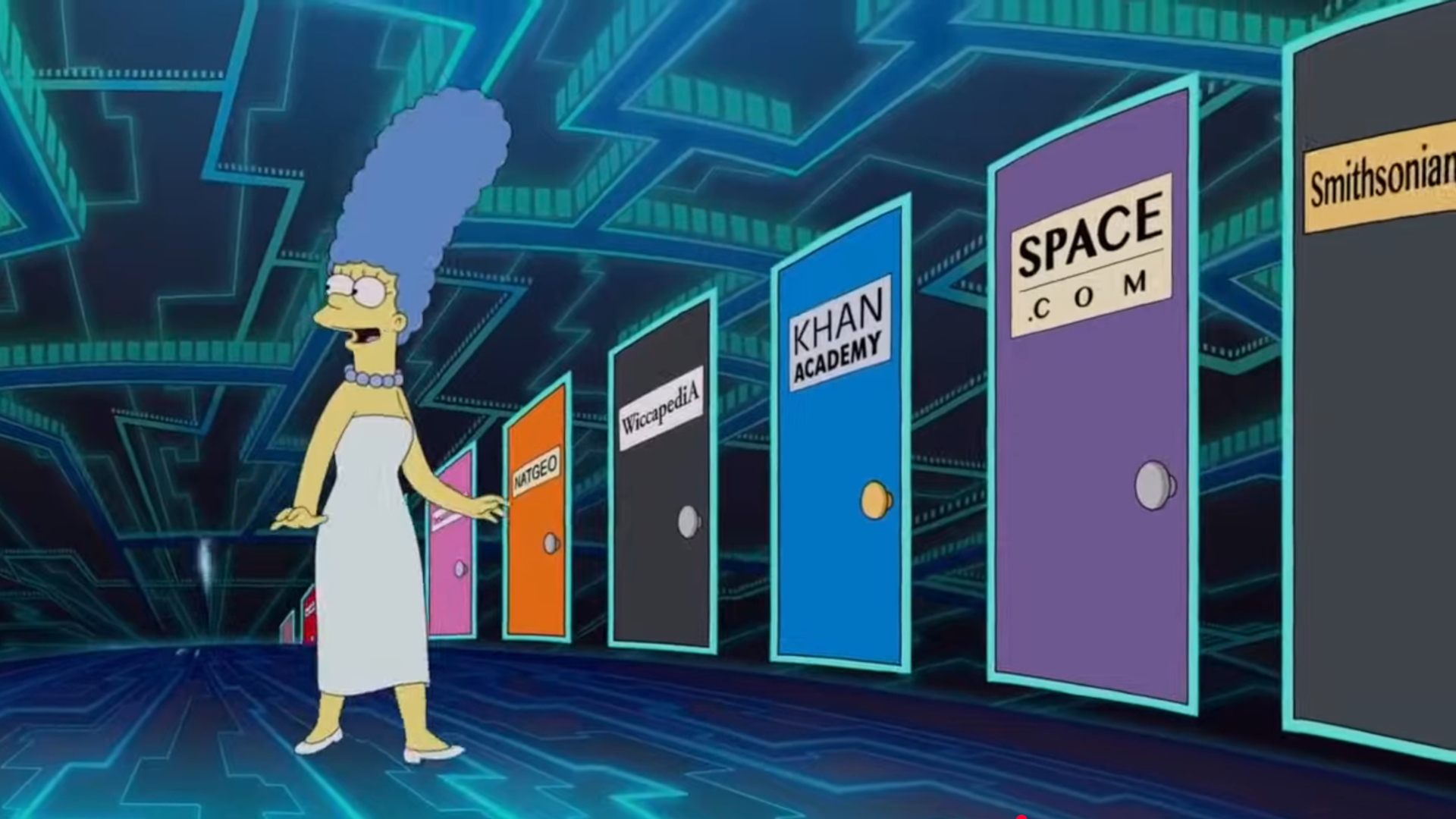 Screenshot of Marge Simpson from "The Simpsons", walking past a series of doors, once of which has the Space.com logo on it