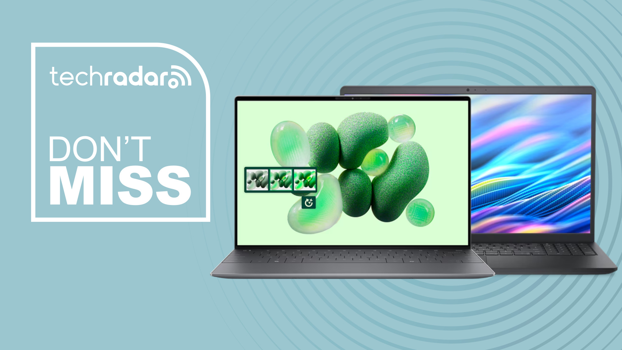 Dell XPS 13 and Laptop 15 on blue background with don&#039;t miss text overlay