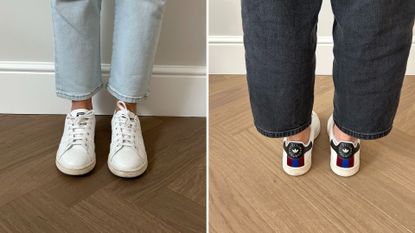 two images of Caroline Parr wearing Stan Smith trainers 