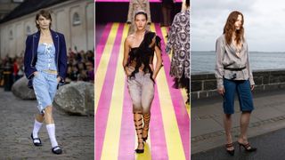 Three models wearing denim bermuda shorts down the catwalk