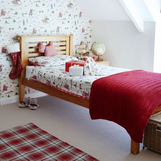 child bedroom with wooden bed and wallpaper