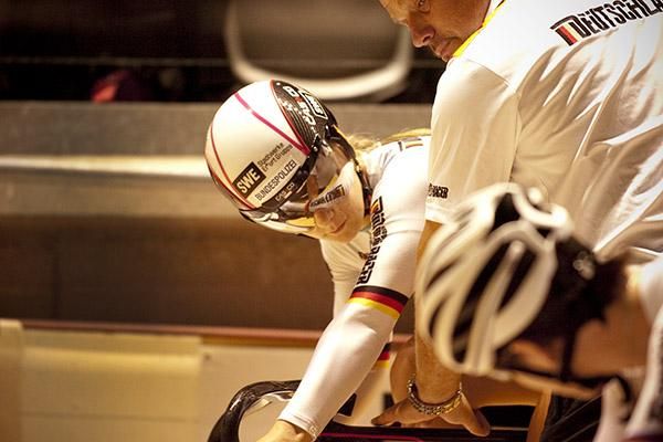 Germany's Kristina Vogel keeps a close watch on Australian Anna Meares prior to their semi-final ride in the women's sprint.