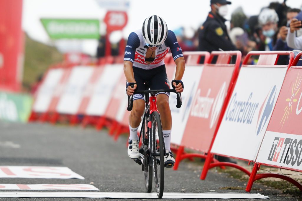 ESPINOSA DE LOS MONTEROS SPAIN AUGUST 16 Kenny Elissonde of France and Team Trek Segafredo crosses the finish line on third place during the 76th Tour of Spain 2021 Stage 3 a 2028km stage from Santo Domingo de Silos to Espinosa de los Monteros Picn Blanco 1485m lavuelta LaVuelta21 CapitalMundialdelCiclismo on August 16 2021 in Espinosa de los Monteros Spain Photo by Stuart FranklinGetty Images