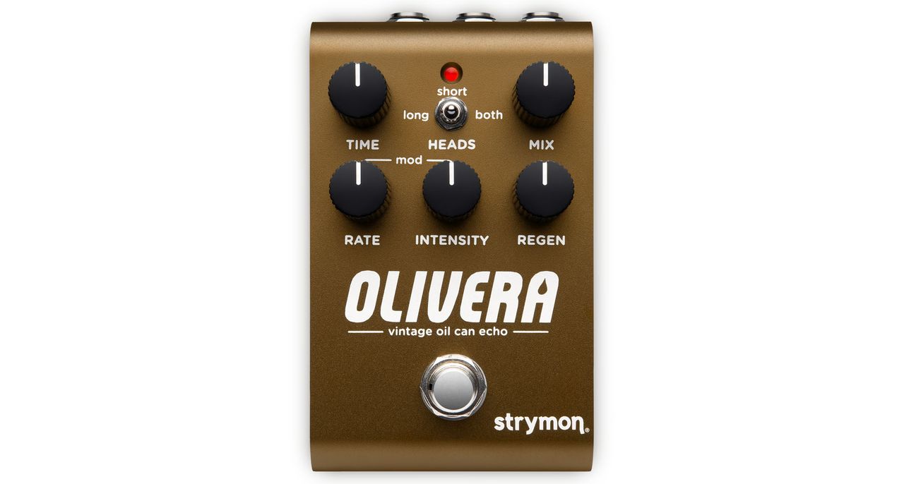 The Strymon Olivera is a five-knob stompbox in bronze-brown that offers an emulation of an oil-can delay