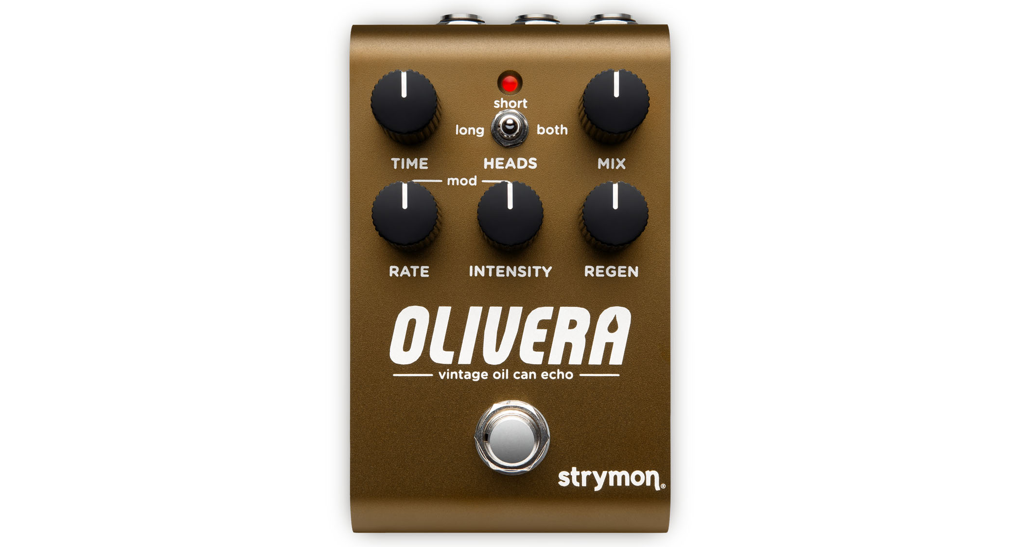 The Strymon Olivera is a five-knob stompbox in bronze-brown that offers an emulation of an oil-can delay