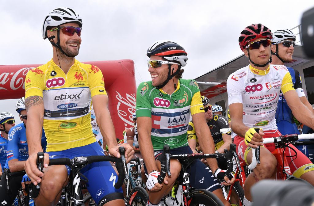 Race leader Tom Boonen (Etixx-QuickStep) enjoys a laugh with IAM Cycling's Jonas Vangenechten