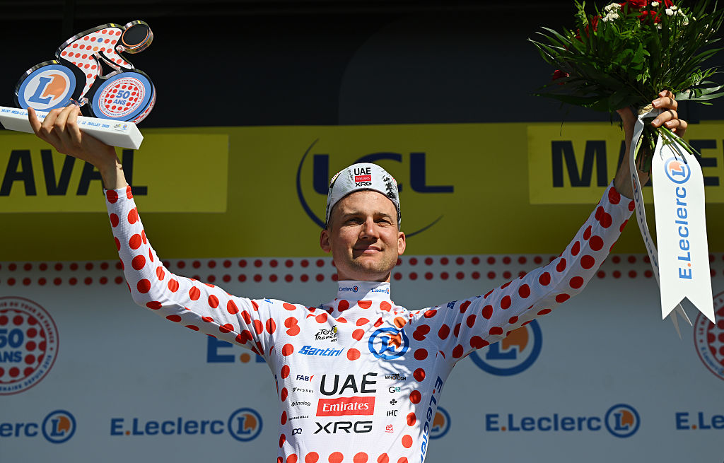 LAVAL, FRANCE - JULY 12: Tim Wellens of Belgium and UAE Team Emirates - XRG celebrates at podium as Polka Dot Mountain Jersey winner during the 112th Tour de France, Stage 8 a 197km stage from Saint-Meen-le-Grand to Laval (Espace Mayenne) / #UCIWT / on July 12, 2025 in Laval, France.