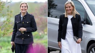 Composite of Duchess Sophie with a clutch bag during her visit to Yeo Valley Farm and during her visit to Christopher's