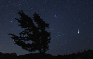 A 20-second exposure shows a meteor in the sky on a mountain ridge near Park City, Utah. Though it was taken during the Perseids, this meteor is probably not from that shower, because it doesn't originate from the right part of the sky.