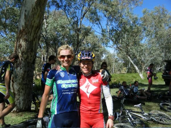 Fourth place finisher Jenny Fay and Rebecca Rusch at the finish line of the Red Centre Enduro
