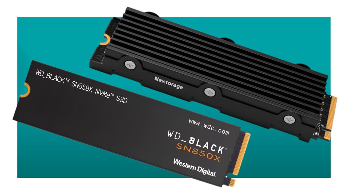 An image comprising a Nextorage and WD Black pair of SSDs against a teal background with a white border