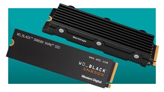 An image comprising a Nextorage and WD Black pair of SSDs against a teal background with a white border