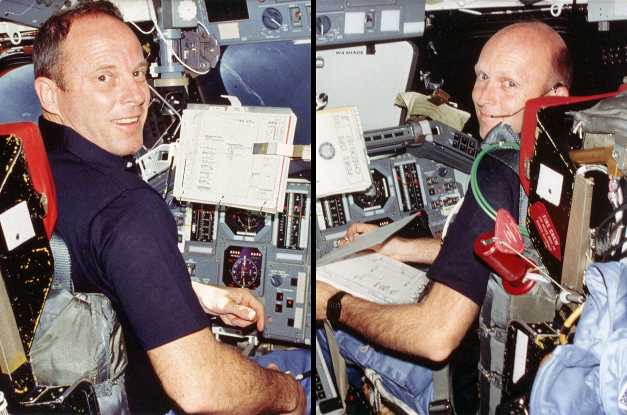 STS-3 pilot Jack Lousma (left) and pilot Gordon Fullerton at their stations on Columbia Airport in March 1982.