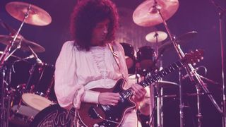 The guitar player of the British band Queen Brian May performs at Madison Square Garden on the 'A Day At The Races' tour, New York, United States, 5th February 1977