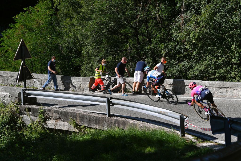 COMO ITALY AUGUST 15 Lachlan Morton of Australia and Team EF Pro Cycling Michael Woods of Canada and Team EF Pro Cycling Remco Evenepoel of Belgium and Team Deceuninck QuickStep Crash Injury Abandon Medical Doctor during the 114th Il Lombardia 2020 a 231km race from Bergamo to Como ilombardia IlLombardia on August 15 2020 in Como Italy Photo by Tim de WaeleGetty Images
