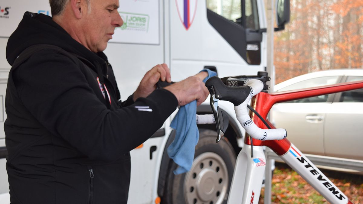 Van der Poel had his bike, and handlebar tape cleaned and polished all morning ahead of the racing