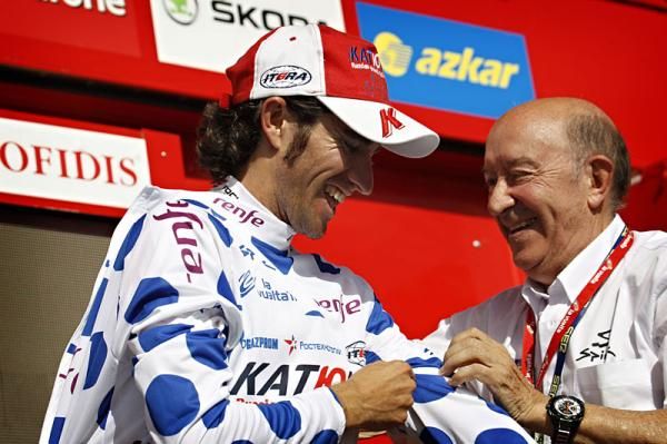 Daniel Moreno (Katusha) pulls on the polka dot jersey of the leader of the mountains classification