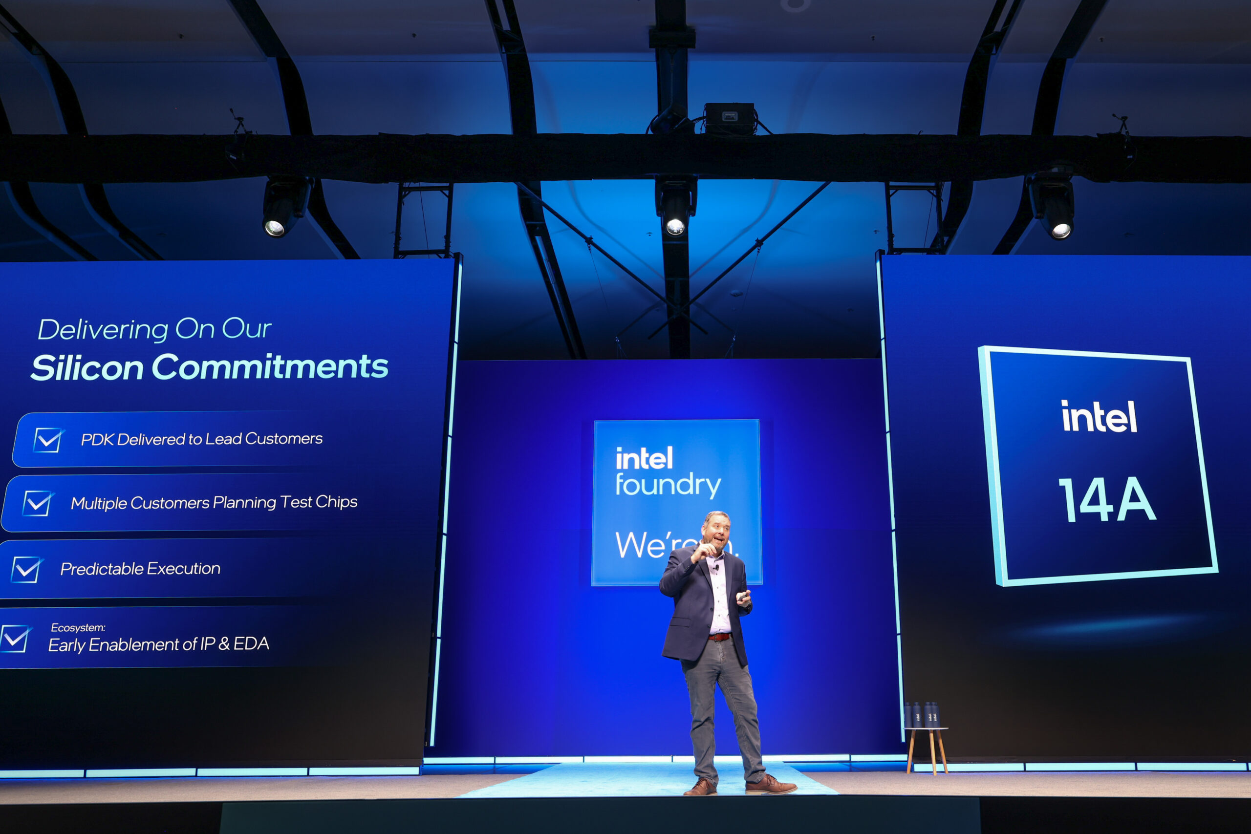 Kevin O'Buckley, General Manager of Foundry Services, speaks during a keynote at Intel Foundry Direct Connect on Tuesday, April 29, 2025 in San Jose, California.