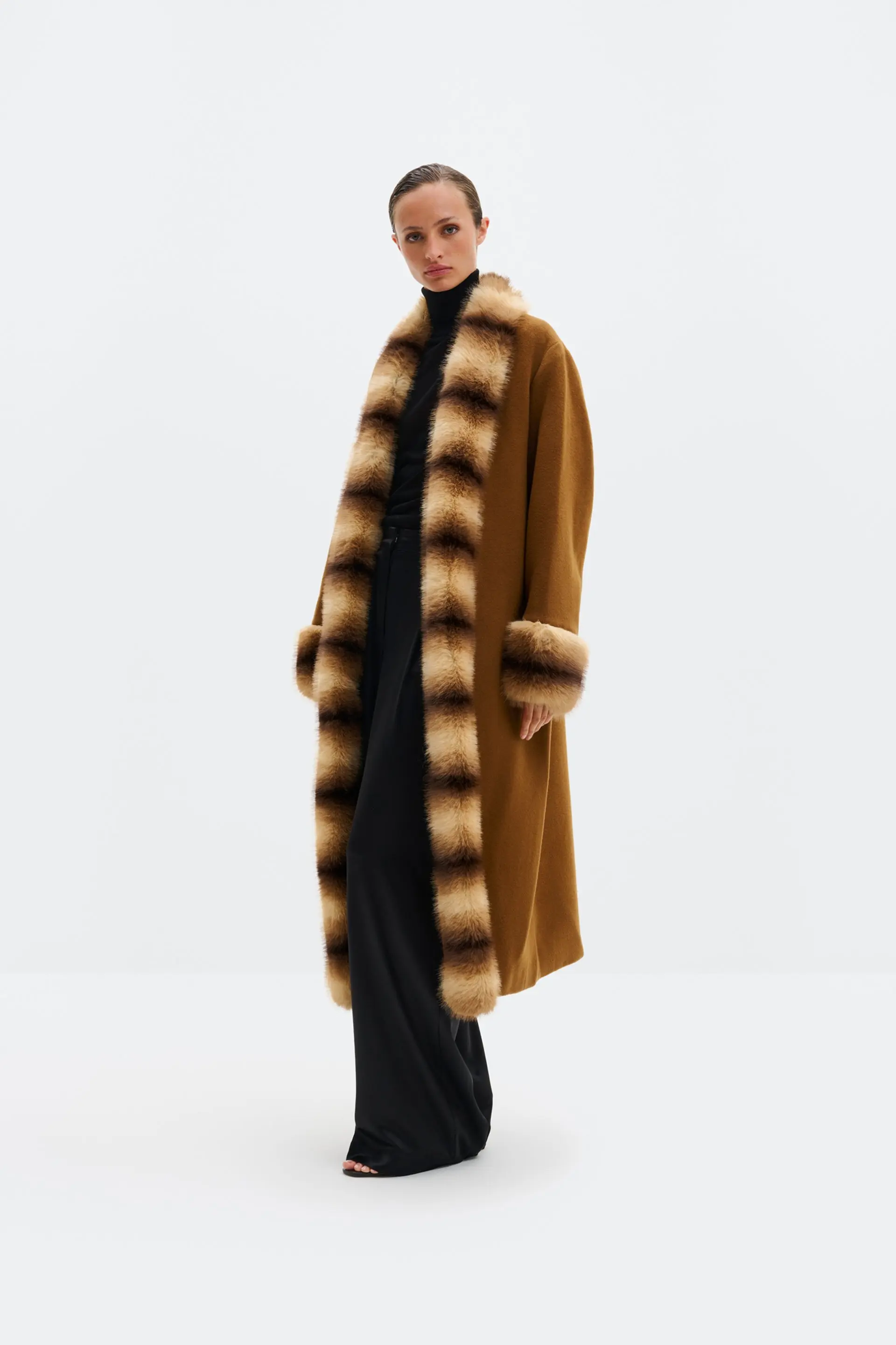 By Malina Long wool and cashmere coat with faux fur