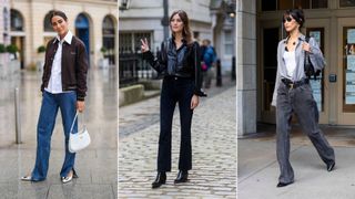 Three women walking along the street, including Alexa Chung and Bella Hadid, wearing bootcut jeans and shirts or blouses shot