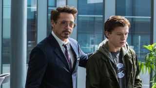 Tony Stark and Peter Parker share a scene in Spider-Man: Homecoming