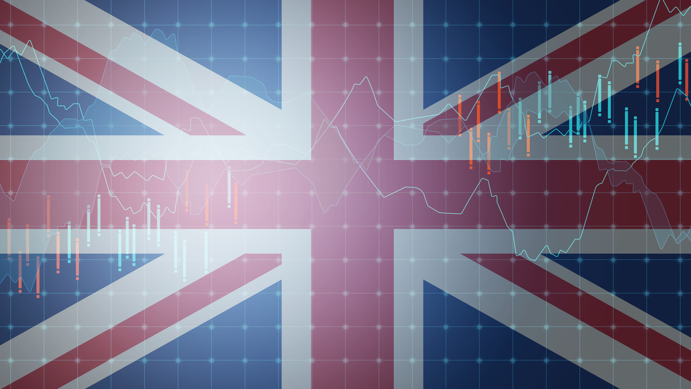 United Kingdom flag and financial markets graph representing UK stocks