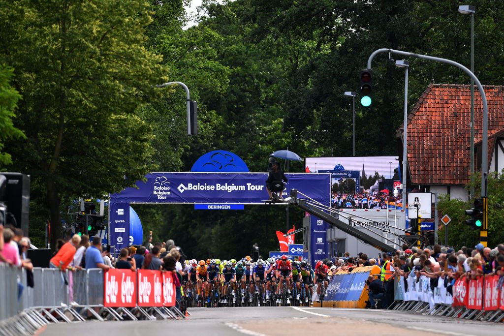 BERINGEN BELGIUM JUNE 19 A general view of and the peloton compete during the 91st Baloise Belgium Tour 2022 Stage 5 a 1799km stage from Gingelom to Beringen BaloiseBelgiumTour on June 19 2022 in Beringen Belgium Photo by Luc ClaessenGetty Images