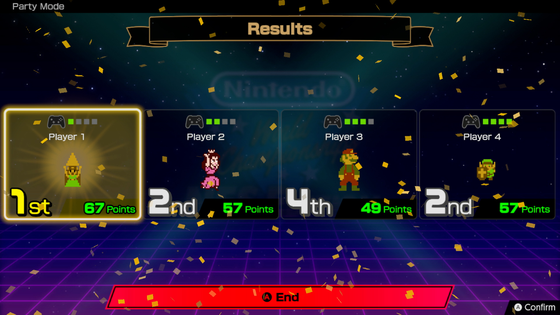 A screenshot showing the results screen after completing challenges in party mode in Nintendo World Championships: NES Edition