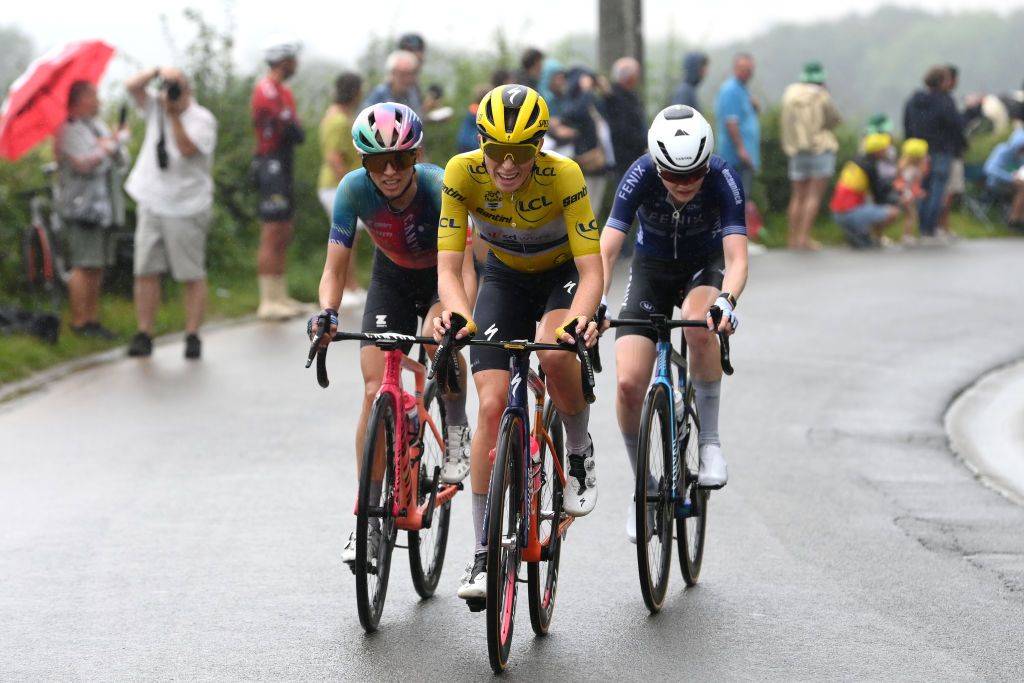 LIEGE BELGIUM AUGUST 14 Katarzyna Niewiadoma of Poland and Team CanyonSRAM Racing Demi Vollering of The Netherlands and Team SD Worx Protime Yellow Lader Jersey and Puck Pieterse of The Netherlands and Team FenixDeceuninck compete in the breakaway during the 3rd Tour de France Femmes 2024 Stage 4 a 1227km stage from Valkenburg to Liege UCIWWT on August 14 2024 in Liege Belgium Photo by Alex BroadwayGetty Images