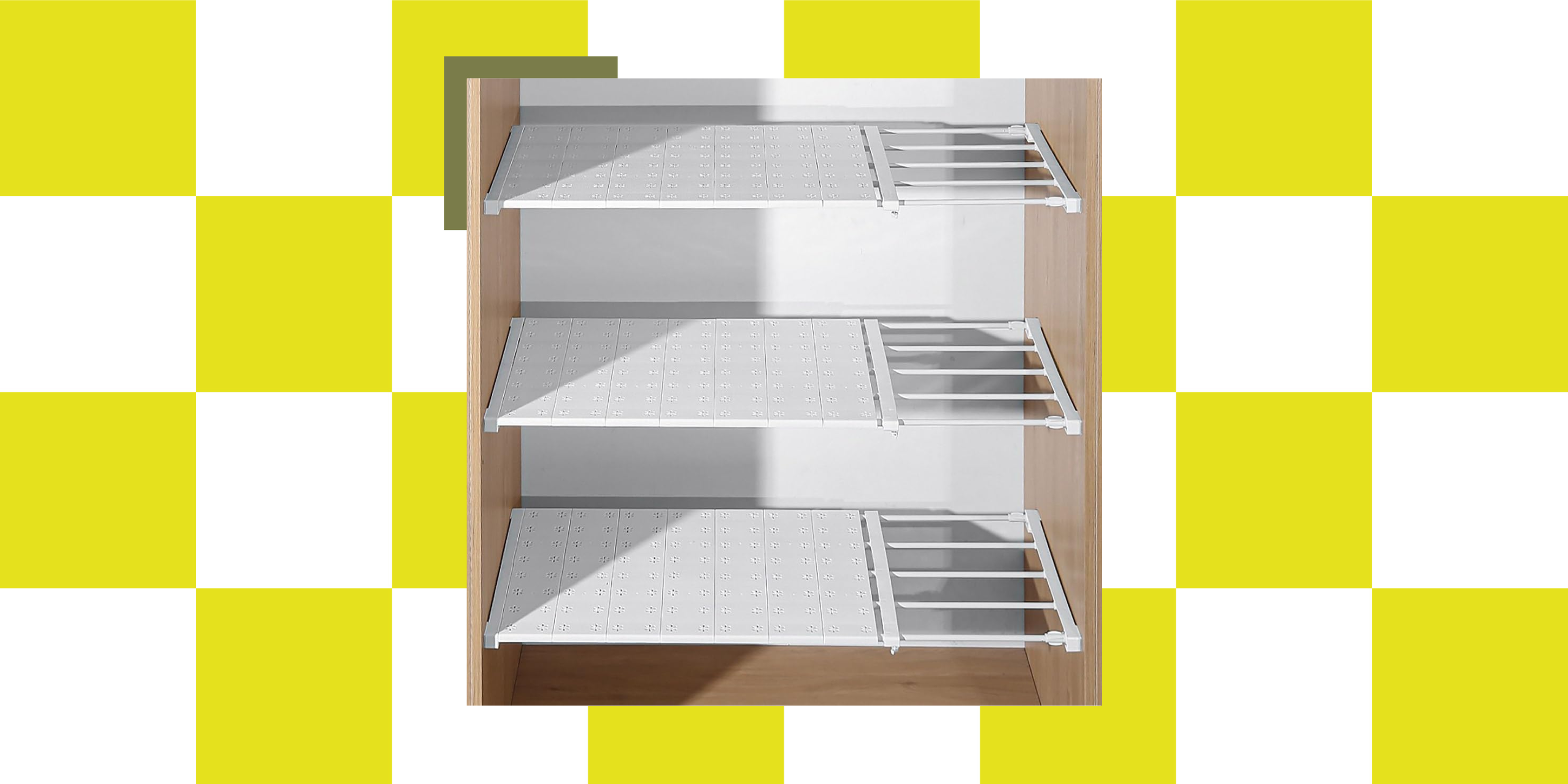 An image of white tension shelves against a bright neon grid