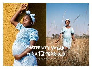 Advert showing a pregnant 12-year-old holding her bump on the left side of the spread; on the right she's walking through a straw field