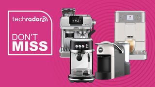 De'Longhi, KitchenAid, Breville and Lavazzaa coffee machines on a pink background with "Don't miss" text in white.
