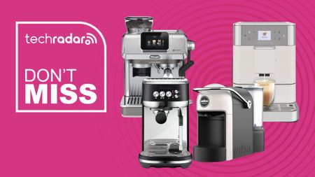 De'Longhi, KitchenAid, Breville and Lavazzaa coffee machines on a pink background with "Don't miss" text in white.