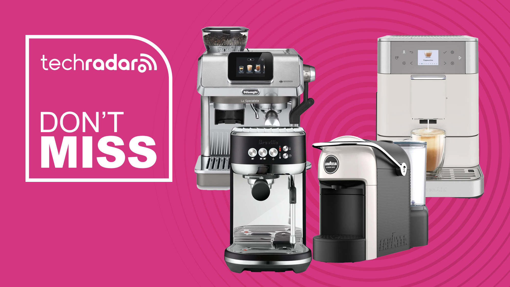 De'Longhi, KitchenAid, Breville and Lavazzaa coffee machines on a pink background with "Don't miss" text in white.