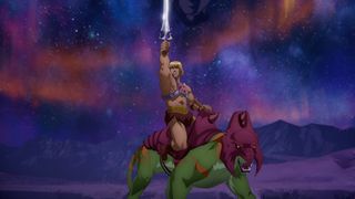 He-Man sitting on Battle Cat with the Power Sword in Masters of the Universe: Revelation Part 2