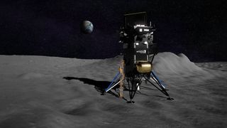 artist's illustration of a small robotic lander on the surface of the moon, with earth visible in the background.