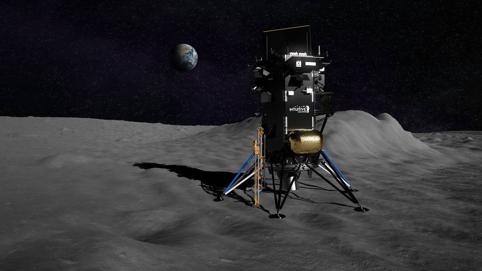 Illustration of the Nova-C private lunar lander built by Intuitive Machines with NASA's Polar Resources Ice Mining Experiment-1 (PRIME-1) attached to the spacecraft.