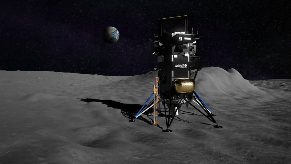 An illustration of the private Nova-C moon lander built by Intuitive Machines with NASA's Polar Resources Ice-Mining Experiment-1 (PRIME-1) attached to the spacecraft.