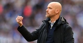 Manchester United manager Erik ten Hag reacts during the Emirates FA Cup Semi Final match between Brighton & Hove Albion and Manchester United at Wembley Stadium on April 23, 2023 in London, England.