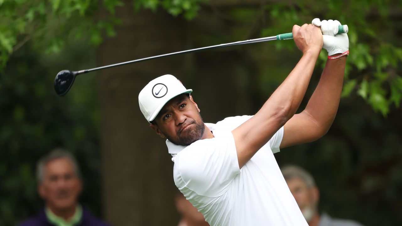 Tony Finau plays his shot from the seventh tee during a practice round before the Masters.