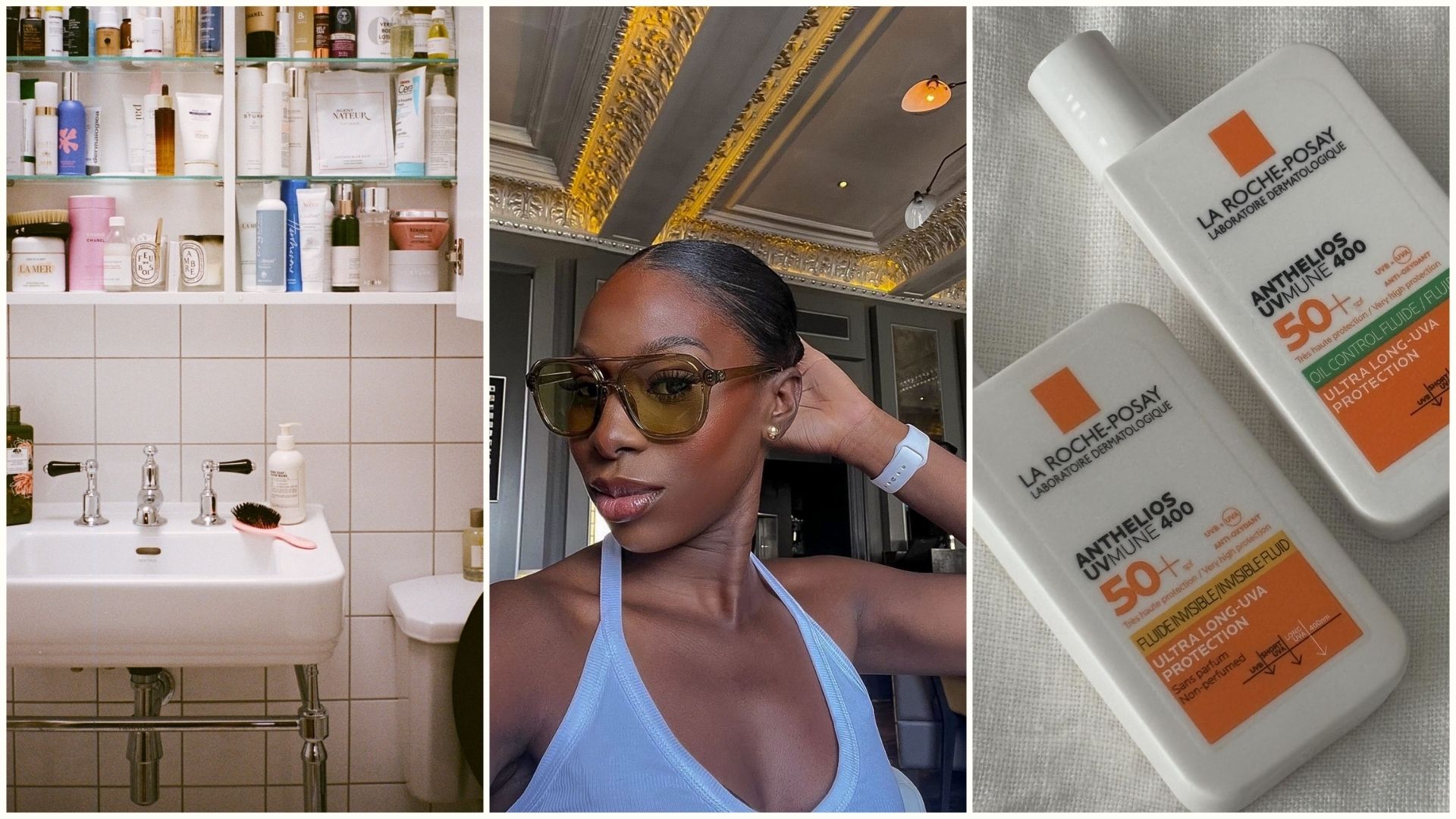 A collage of a bathroom cabinet, creator @amagodson_a taking a selfie wearing sunglasses and a picture of the La Roche-Posay SPF