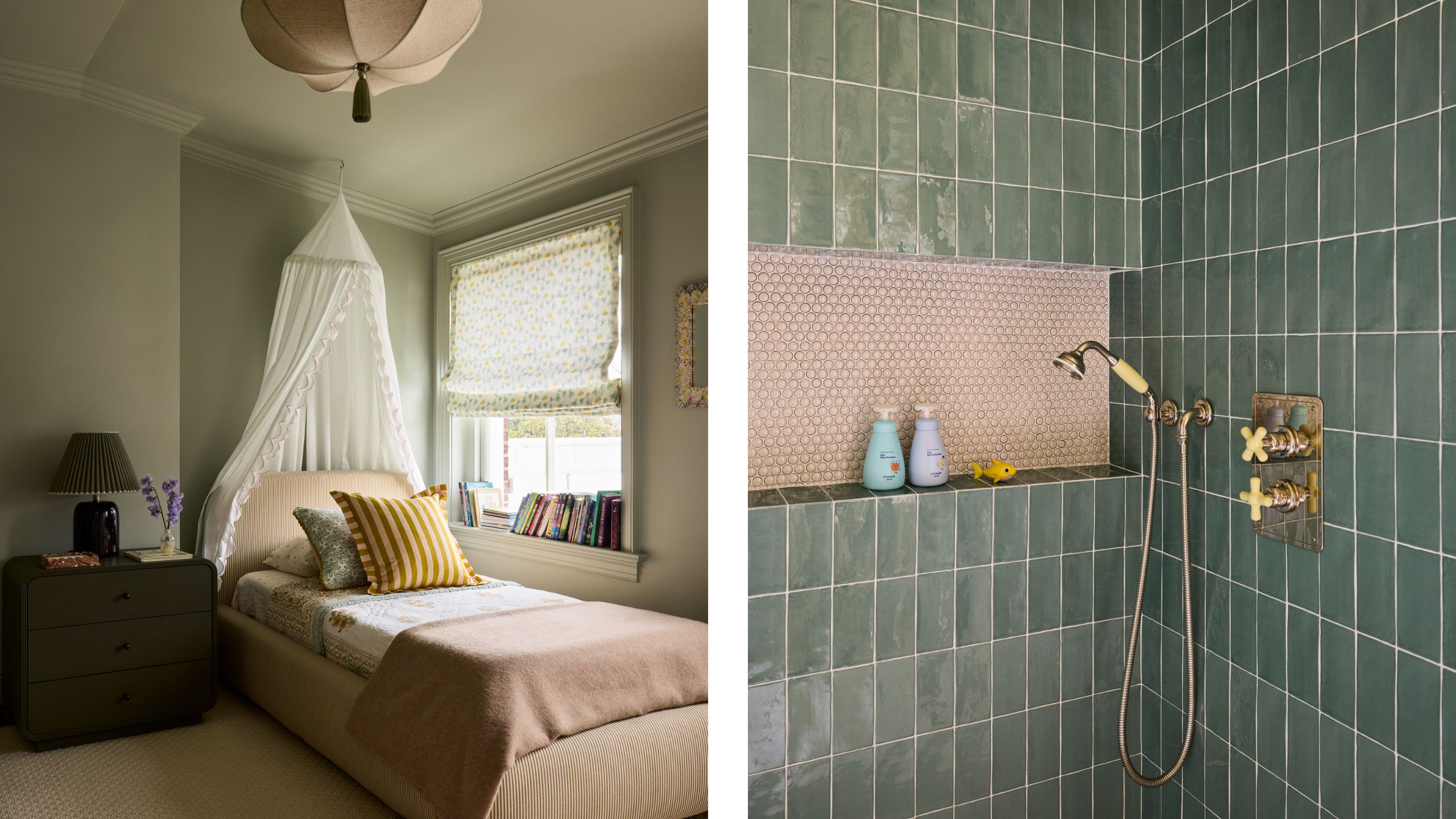 two side by side images of a soft sage little girl's bedroom with canopy bed beside a sage tiled shower with retro brass and yellow fixtures