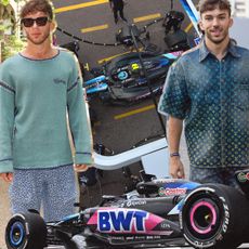 A collage of photos of Pierre Gasly in Bluemarble and Louis Vuitton clothes during fashion week and his Alpine F1 Racing Team car at the Monaco Grand Prix.