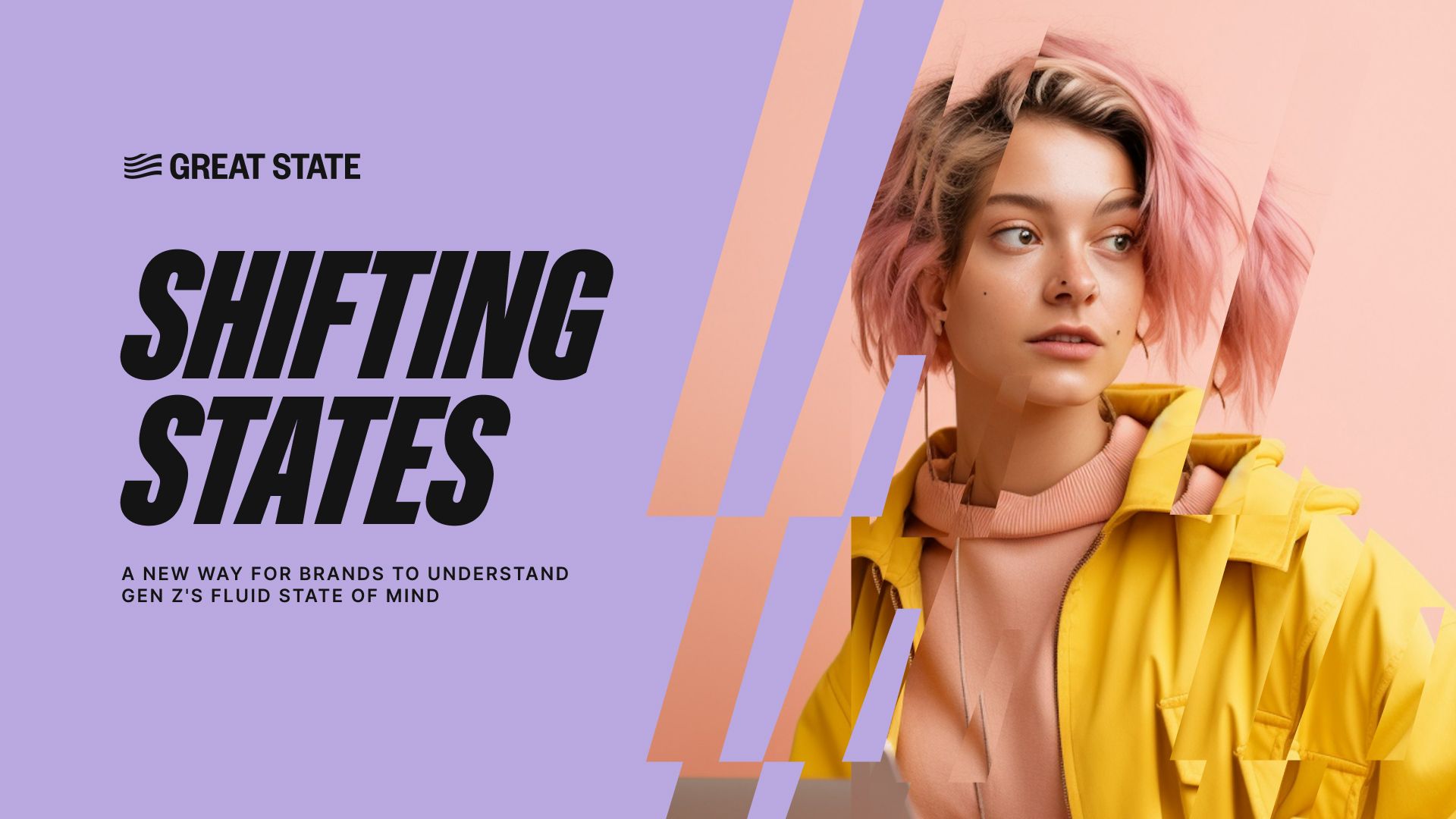 Shifting States Great State image of a young woman with pink hair on a pink/purple background