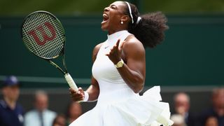 Serena Williams of The United States reacts during the Ladies Singles first round match against Amra Sadikovic of Switzerland on day two of the Wimbledon Lawn Tennis Championships at the All England Lawn Tennis and Croquet Club on June 28, 2016 in London, England.