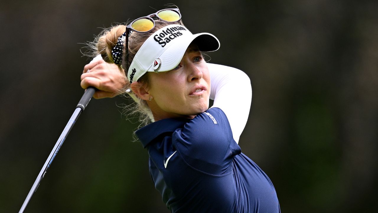 Nelly Korda takes a shot at the 2023 Amundi Evian Championship at Evian Resort Golf Club